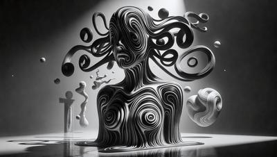 The primary subject of the image is a sculpture of a woman's head, which is the main focus of the scene. The setting is a dark room, and the visual style appears to be a combination of digital art and illustration. The sculpture is made of metal, and the colors are predominantly black and white, giving the overall atmosphere a sense of mystery and intrigue.